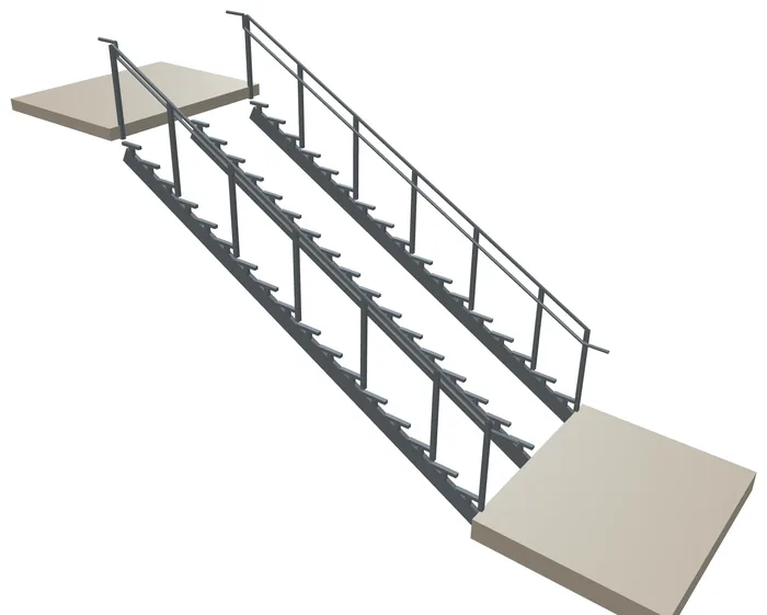 Vista de la estructura de la escalera: zancas, soportes de peldaños y pilares de baranda
